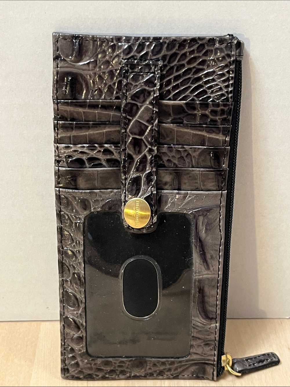 Brahmin Dark Gray Croc Embossed Leather Credit Card Case Slim Wallet